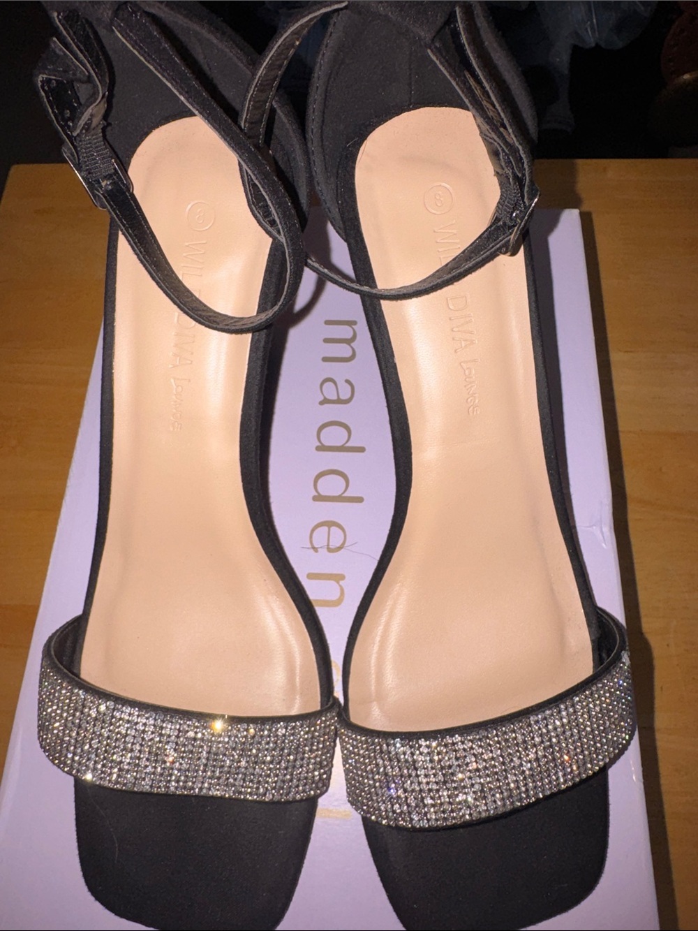 Madden Girl Black Rhinestone Ankle-Strap Heels